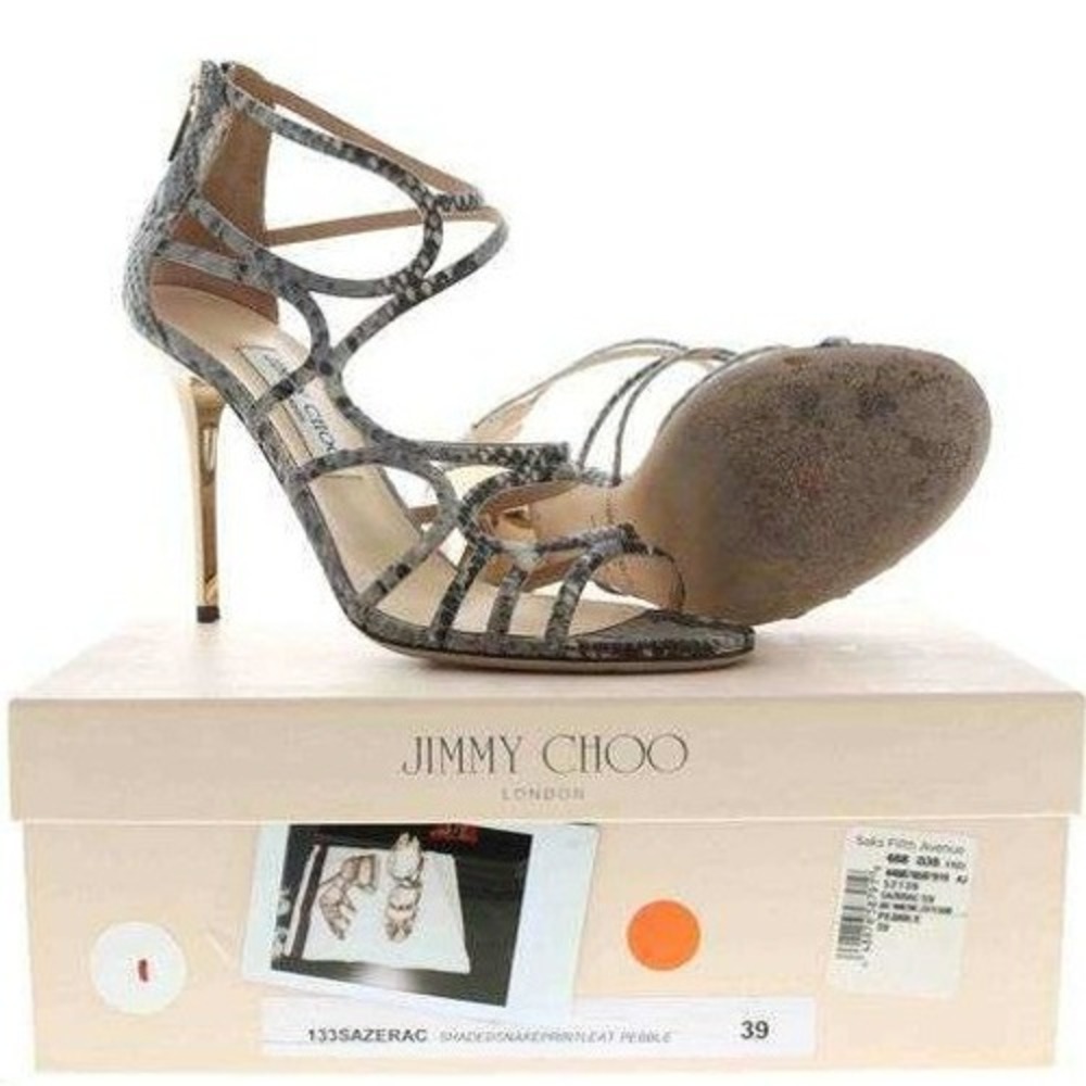 Jimmy Choo Snake Print Leather Strappy‎ Stiletto Heels Sandals Gold Heel Size 39